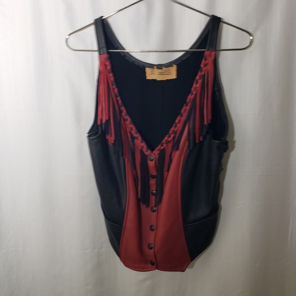 Handmade Women's Leather Motorcycle Vest w/Tassels Laced Sides Size M Black Red